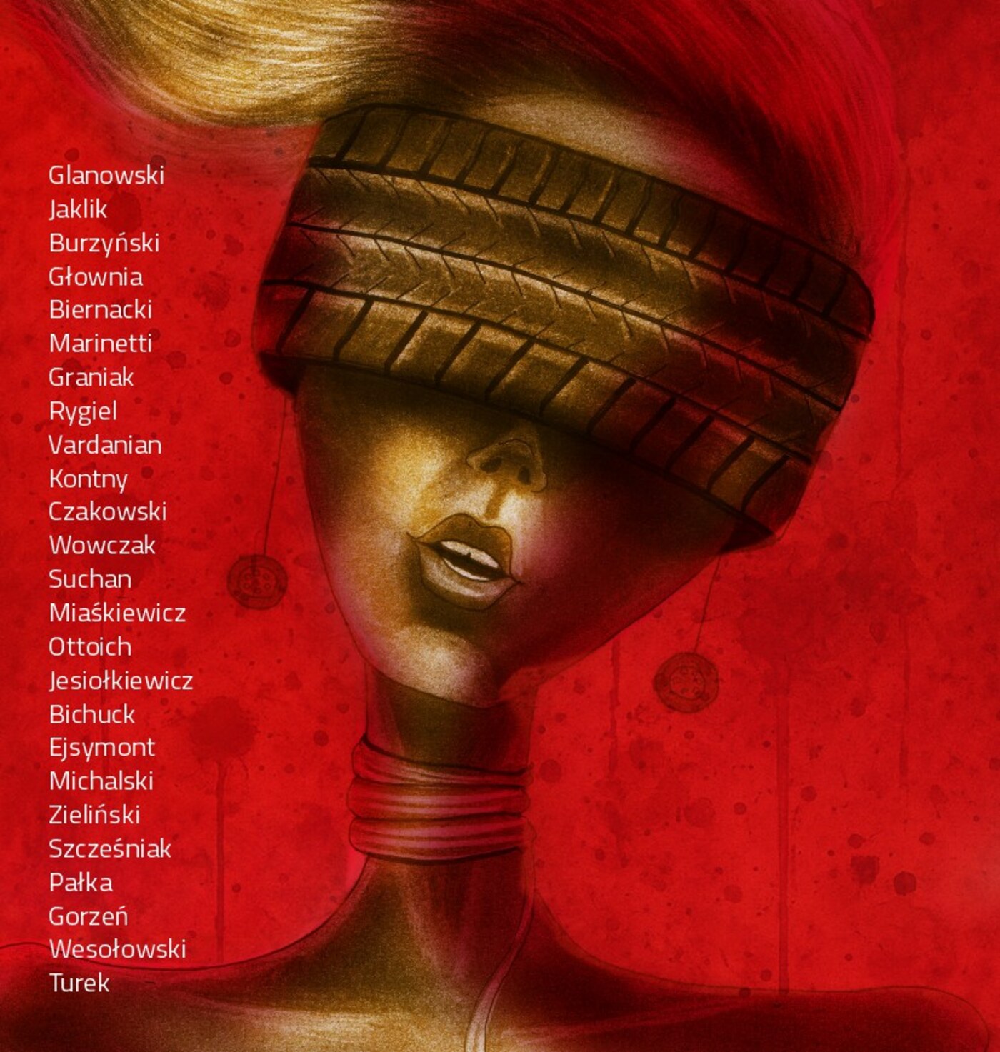 Ilustracja z okładki SMAK nr 1 — złota postać z zawiązanymi oczami na czerwonym tle
